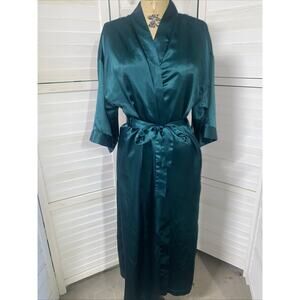 Vintage Dentelle Green Satin Full Length Robe Tie Waist Silky Bath Medium